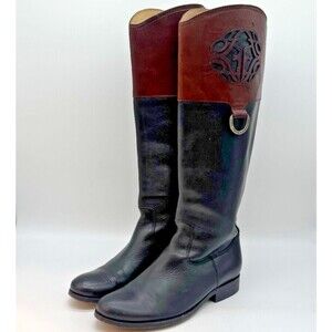 Frye Melissa Cutout Logo Riding Boots Women's 6.5M Black Cognac Tall Equestrian